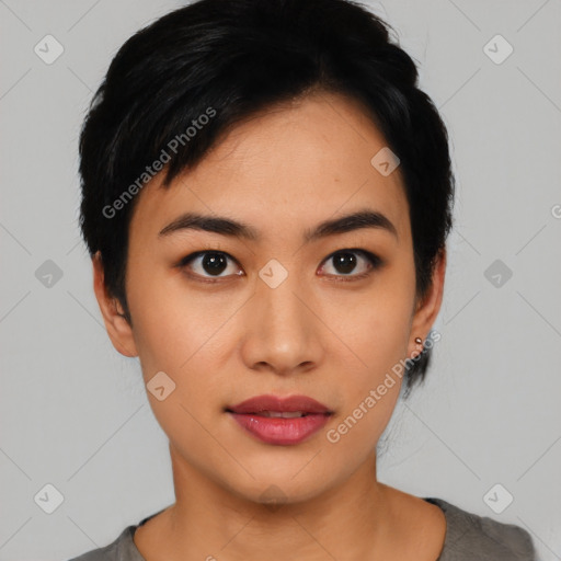 Neutral asian young-adult female with short  black hair and brown eyes
