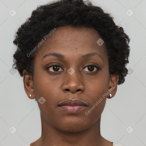 Neutral black young-adult female with short  brown hair and brown eyes