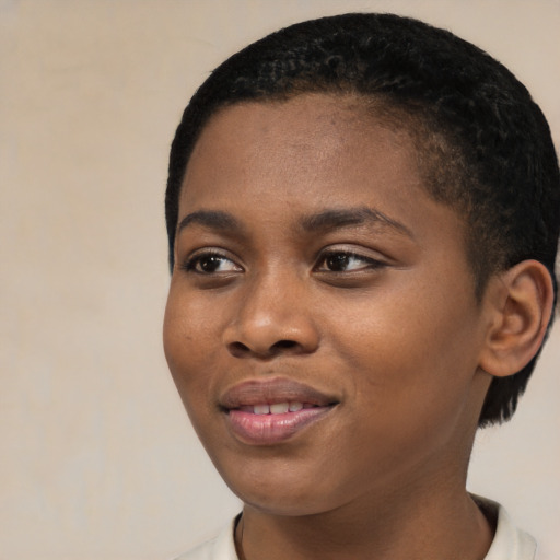 Joyful black young-adult female with short  black hair and brown eyes