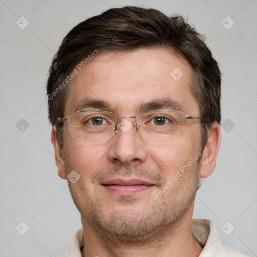 Joyful white adult male with short  brown hair and grey eyes