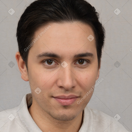 Joyful white young-adult male with short  brown hair and brown eyes