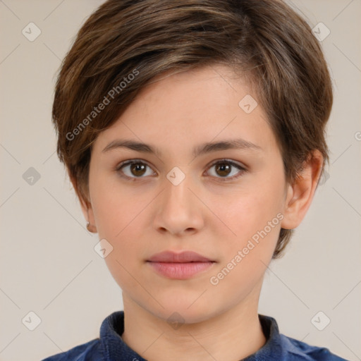 Neutral white young-adult female with medium  brown hair and brown eyes