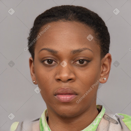 Neutral black young-adult female with short  brown hair and brown eyes