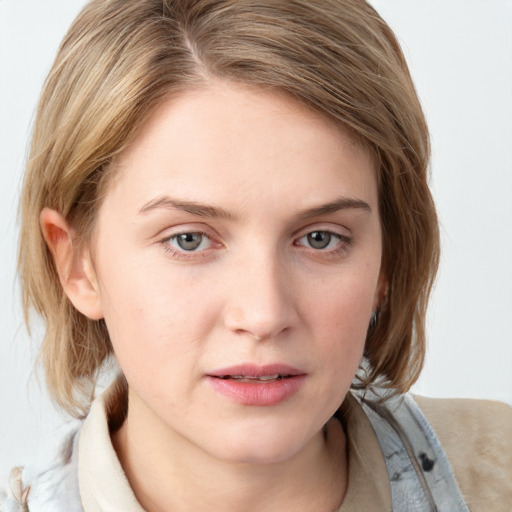 Neutral white young-adult female with medium  brown hair and blue eyes