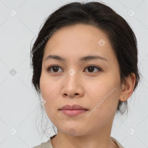 Neutral asian young-adult female with medium  brown hair and brown eyes