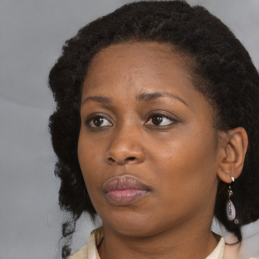 Neutral black young-adult female with medium  black hair and brown eyes