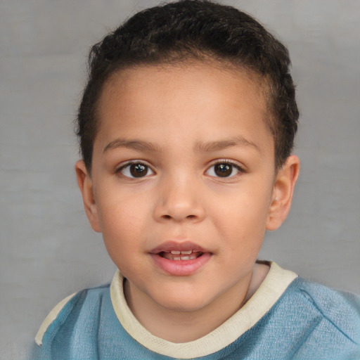 Joyful white child female with short  brown hair and brown eyes