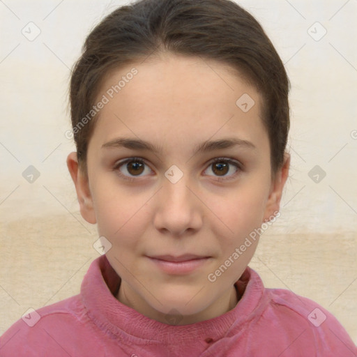 Joyful white child female with short  brown hair and brown eyes