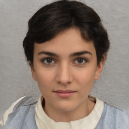 Neutral white young-adult female with short  brown hair and brown eyes