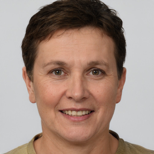 Joyful white adult female with short  brown hair and grey eyes