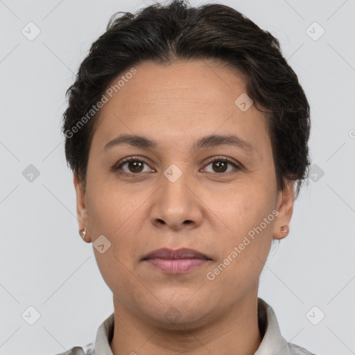 Joyful white adult female with short  brown hair and brown eyes