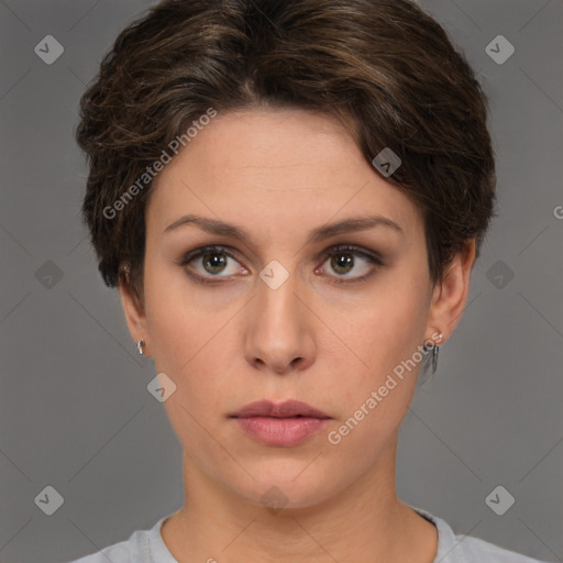 Neutral white young-adult female with short  brown hair and brown eyes