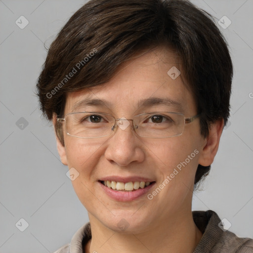 Joyful white adult female with medium  brown hair and grey eyes