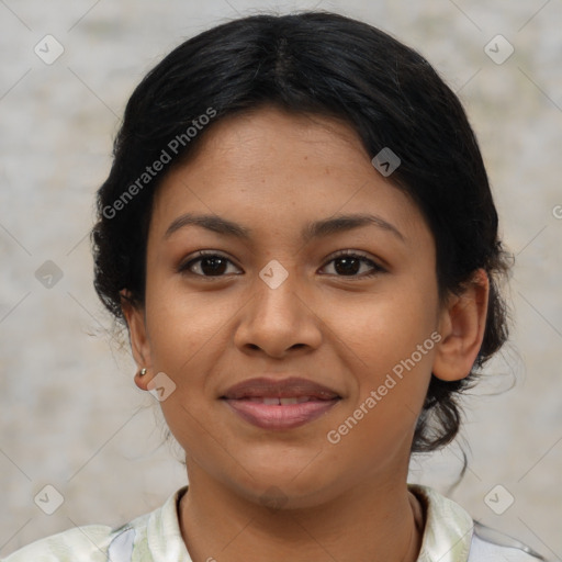 Joyful latino young-adult female with medium  brown hair and brown eyes