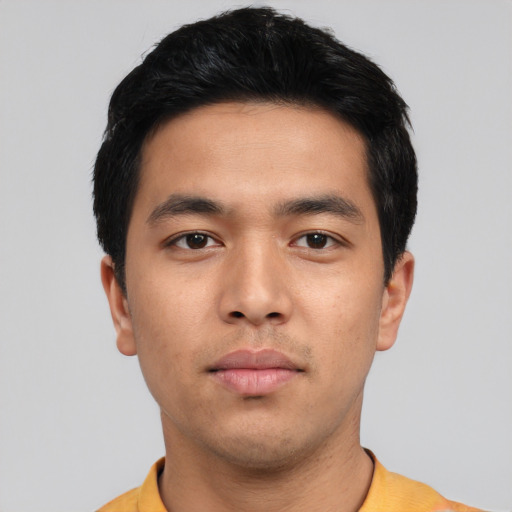 Neutral asian young-adult male with short  black hair and brown eyes