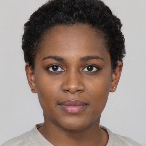 Neutral black young-adult female with short  black hair and brown eyes