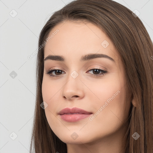 Neutral white young-adult female with long  brown hair and brown eyes