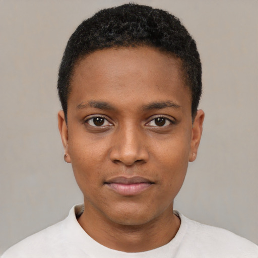 Neutral black young-adult male with short  black hair and brown eyes