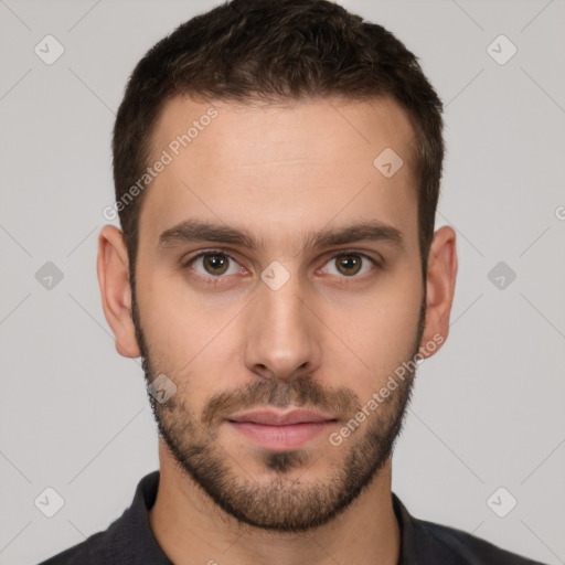 Neutral white young-adult male with short  brown hair and brown eyes