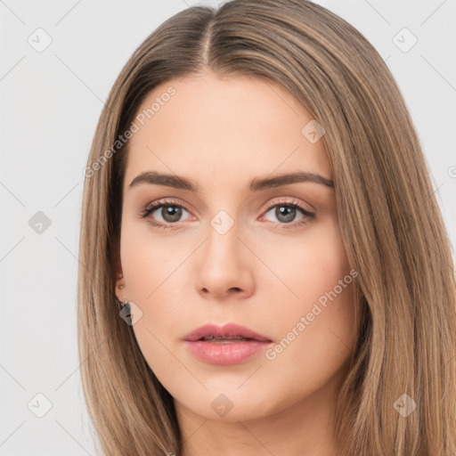 Neutral white young-adult female with long  brown hair and brown eyes