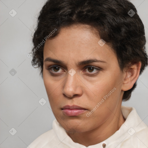 Neutral white young-adult female with short  brown hair and brown eyes