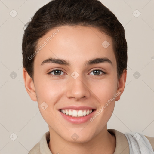 Joyful white young-adult female with short  brown hair and brown eyes