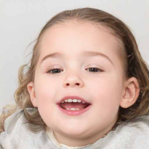 Joyful white child female with medium  brown hair and blue eyes