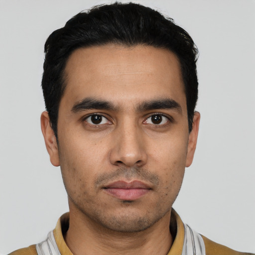 Neutral asian young-adult male with short  black hair and brown eyes