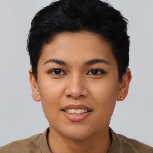 Joyful asian young-adult female with short  black hair and brown eyes