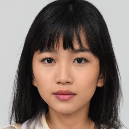 Neutral asian young-adult female with long  brown hair and brown eyes