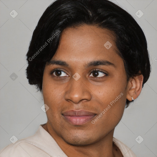 Joyful asian young-adult female with short  black hair and brown eyes