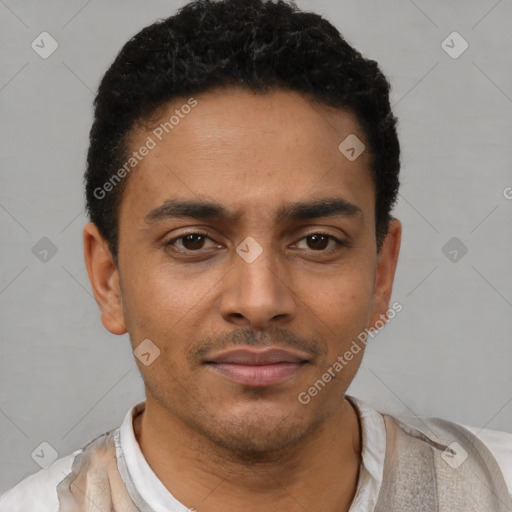 Neutral latino young-adult male with short  black hair and brown eyes