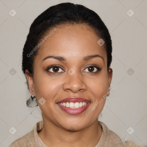 Joyful latino young-adult female with short  brown hair and brown eyes