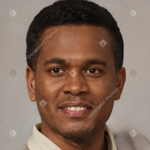 Joyful latino young-adult male with short  brown hair and brown eyes