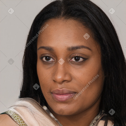 Joyful asian young-adult female with long  brown hair and brown eyes