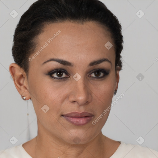 Joyful latino young-adult female with short  brown hair and brown eyes