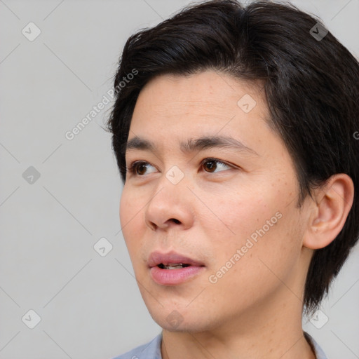 Neutral white young-adult male with short  brown hair and brown eyes