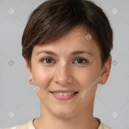 Joyful white young-adult female with short  brown hair and brown eyes