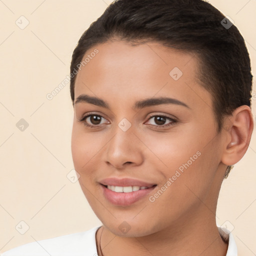 Joyful white young-adult female with short  brown hair and brown eyes