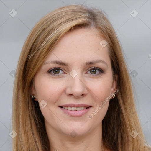 Joyful white young-adult female with long  brown hair and brown eyes