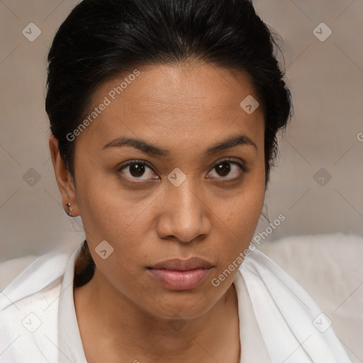 Joyful latino young-adult female with medium  brown hair and brown eyes