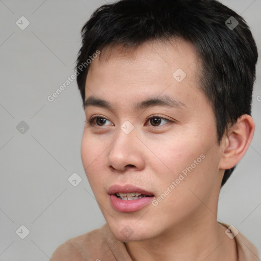 Neutral white young-adult male with short  black hair and brown eyes