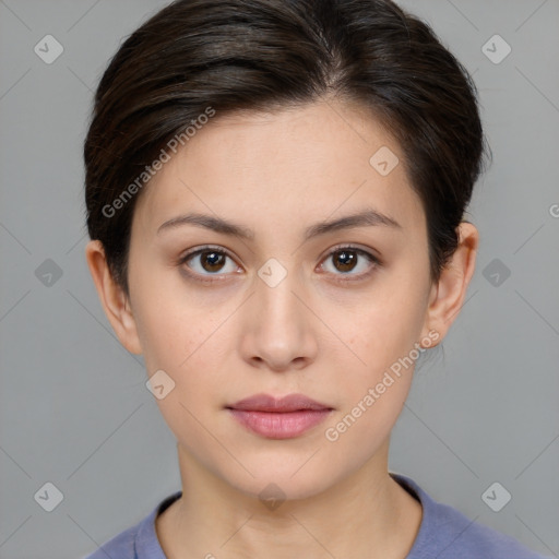Neutral white young-adult female with medium  brown hair and brown eyes