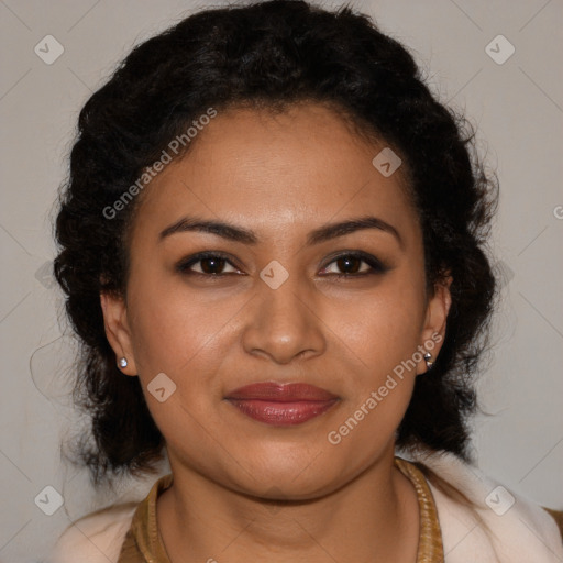 Joyful latino young-adult female with medium  brown hair and brown eyes