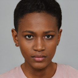 Neutral black young-adult female with short  black hair and brown eyes