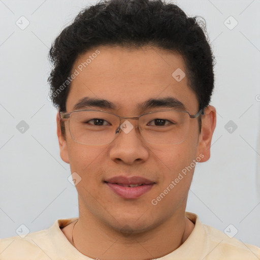 Joyful latino young-adult male with short  brown hair and brown eyes
