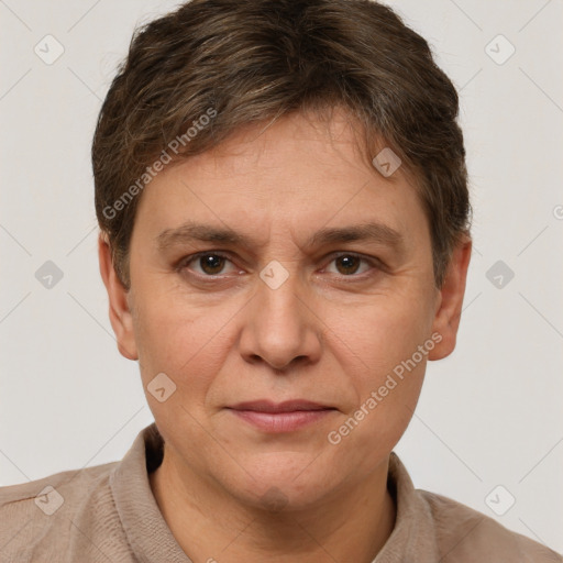 Joyful white adult male with short  brown hair and grey eyes