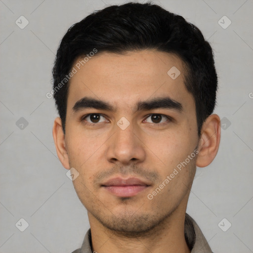 Neutral asian young-adult male with short  black hair and brown eyes