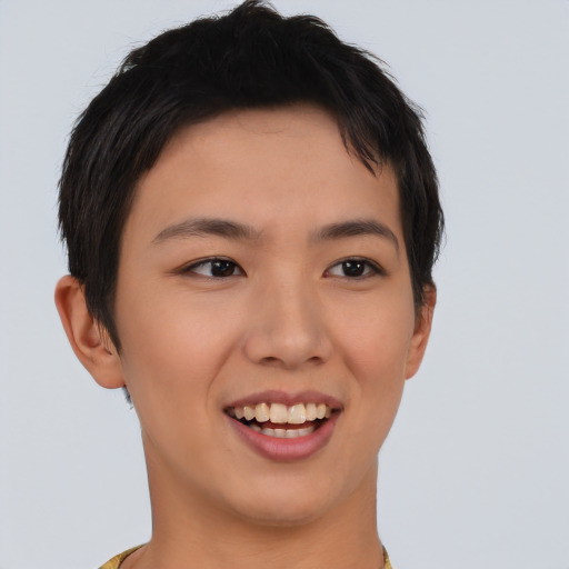 Joyful asian young-adult female with short  brown hair and brown eyes