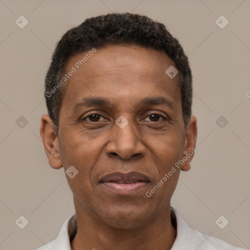 Joyful latino adult male with short  black hair and brown eyes